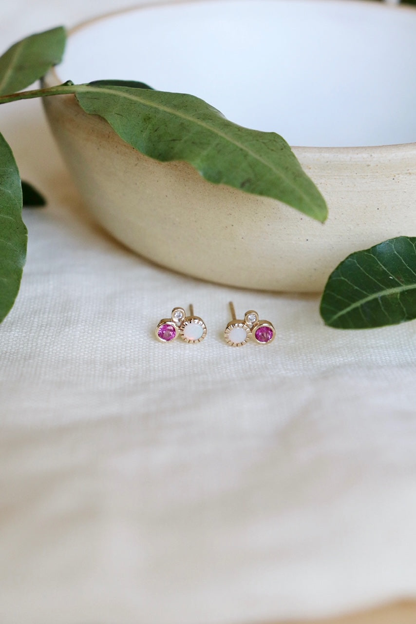Gold Opal, Diamond and Pink Tourmaline Cluster Stud (single)