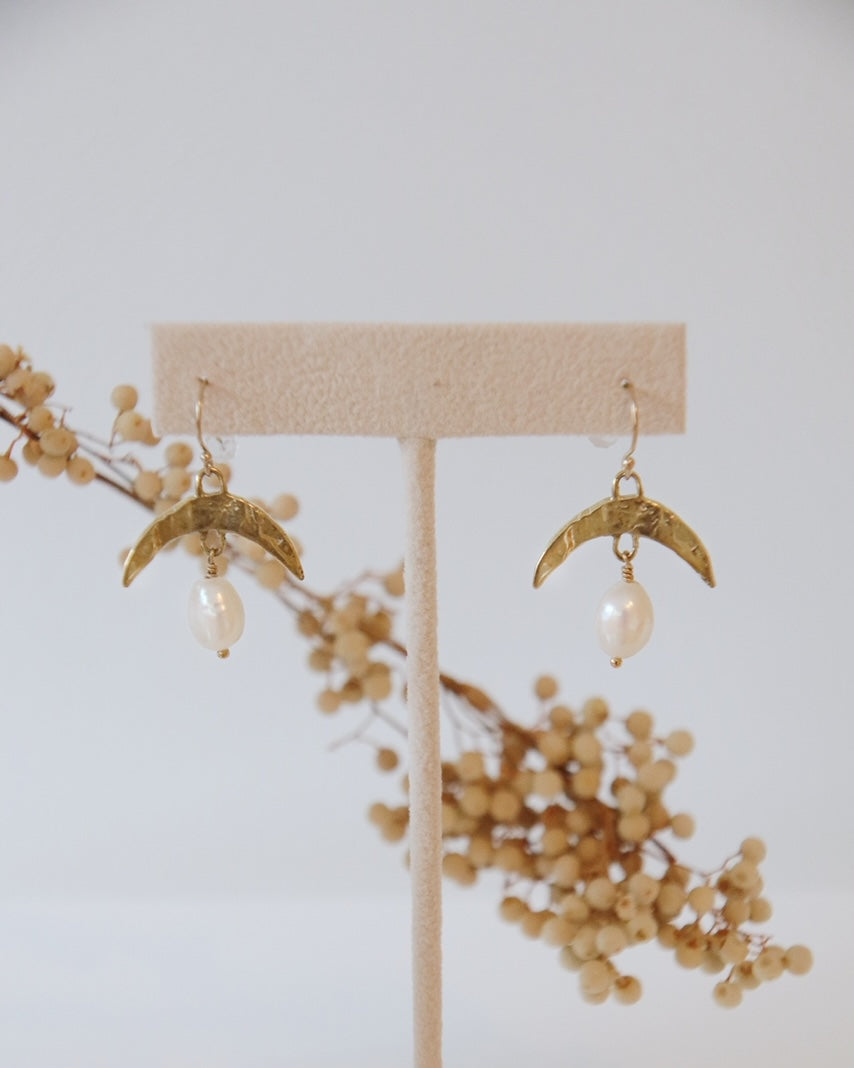 Cressida Gold Pearl Moon Earrings
