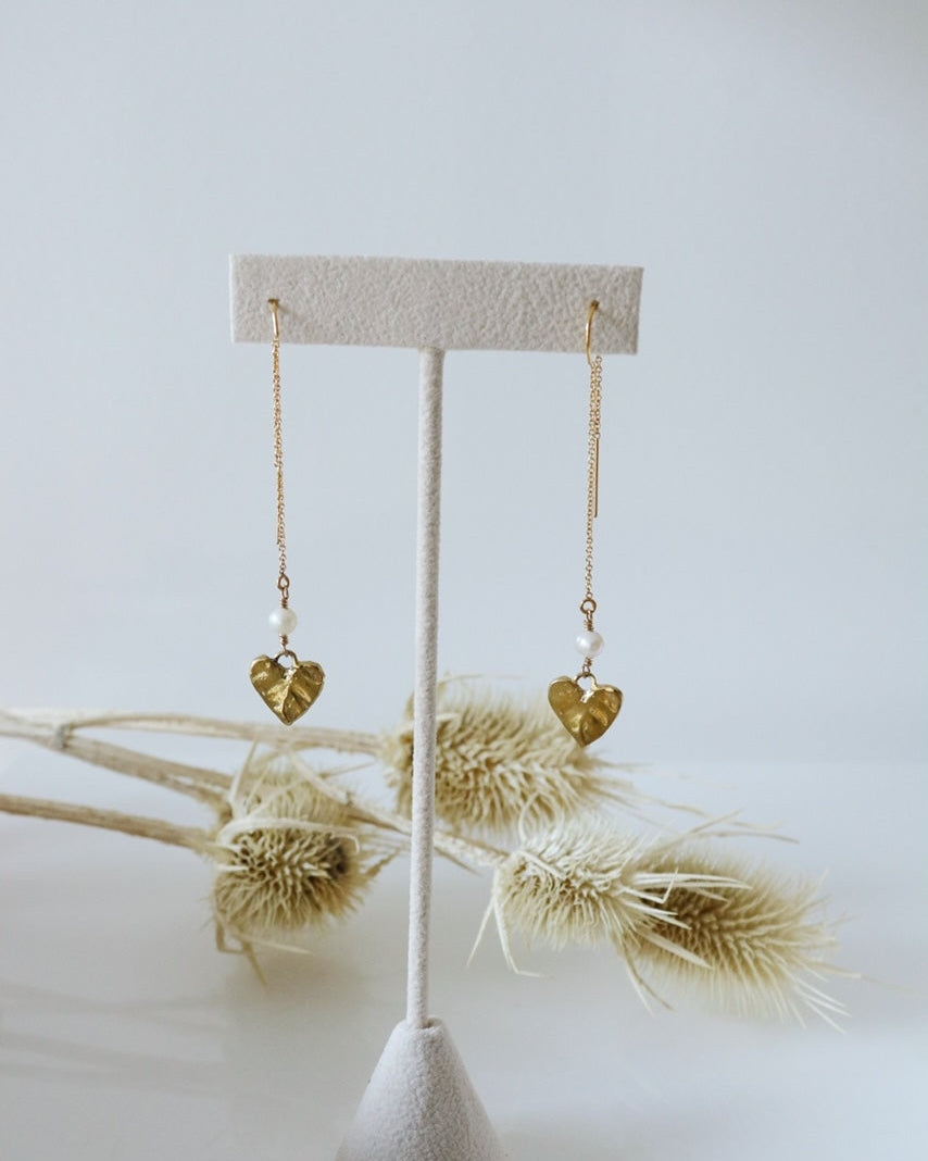 Rhiannon Gold Pearl Heart Threader Earrings
