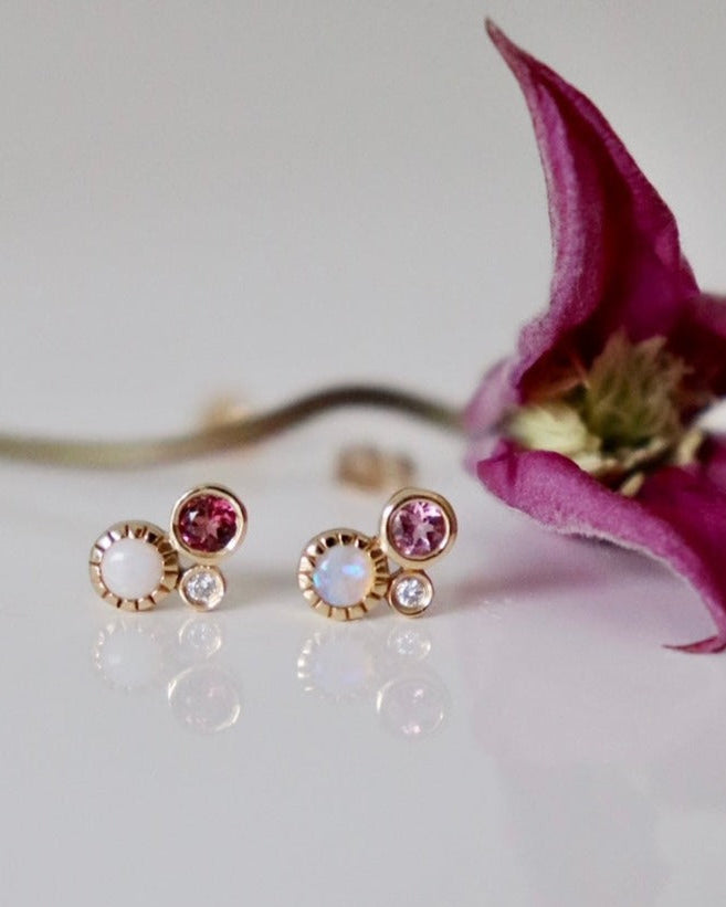 Gold Opal, Diamond and Pink Tourmaline Cluster Stud (single)
