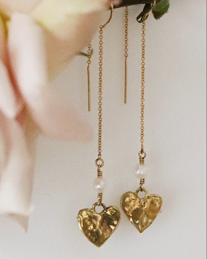 Rhiannon Gold Pearl Heart Threader Earrings