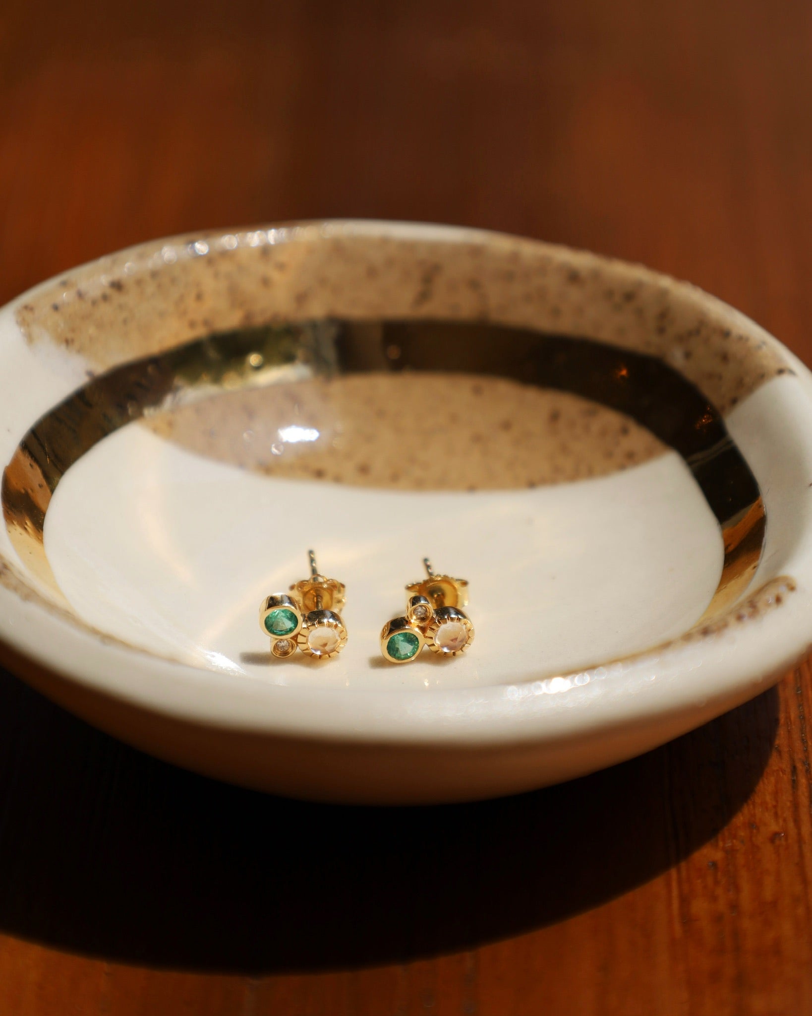 Emerald, Rainbow Moonstone, & Diamond Cluster Stud (single)