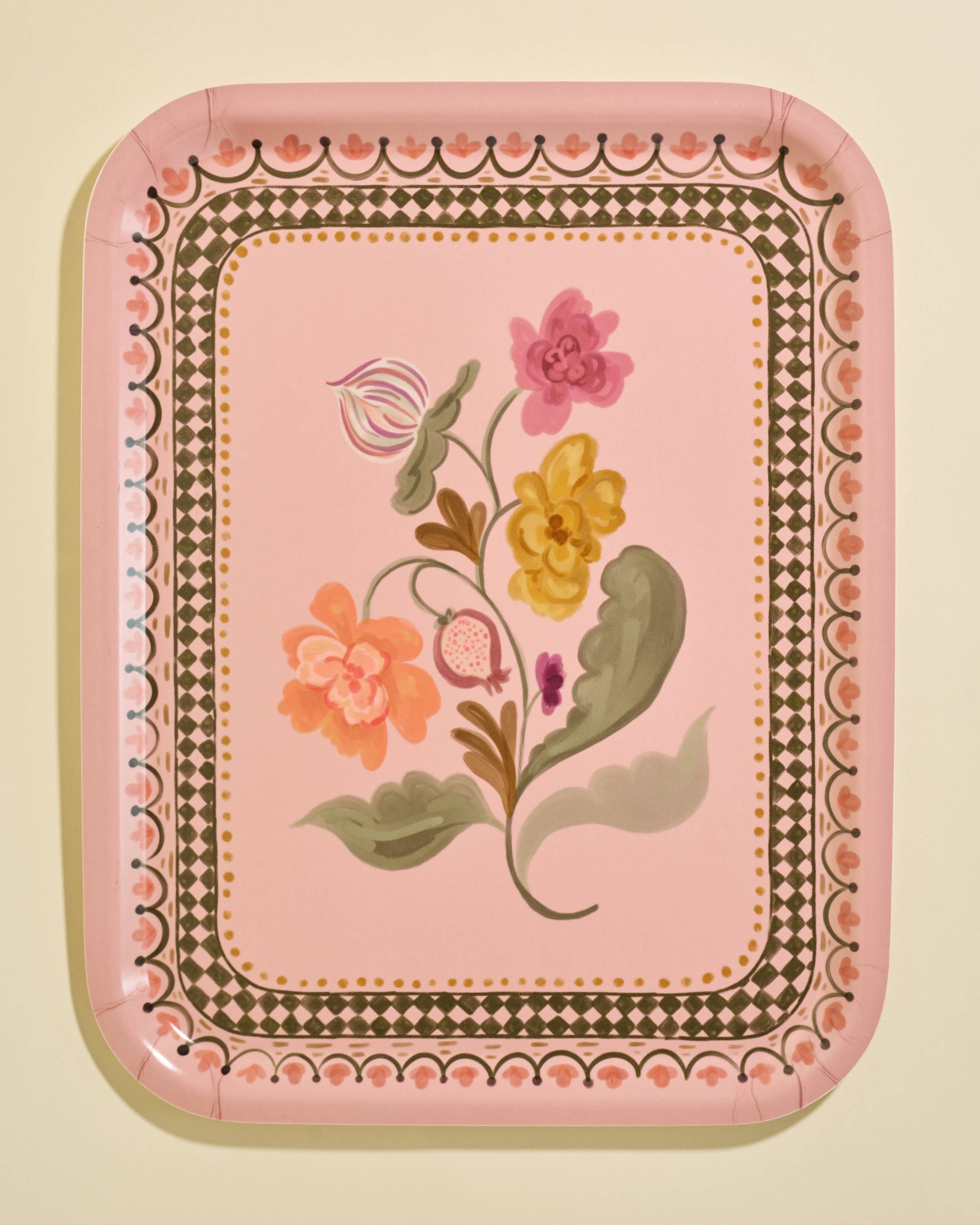 Pink Floral Illustrated Bent Birch Serving Tray
