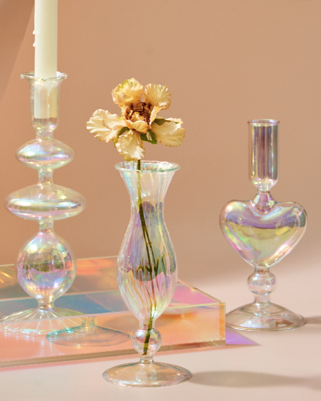 Rainbow Pearl Glass Candlestick Holder