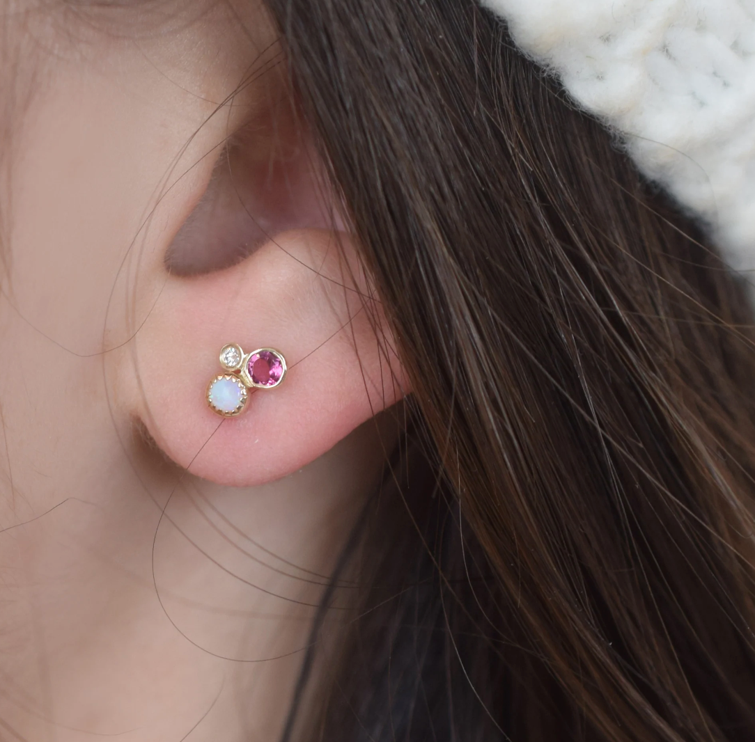 Gold Opal, Diamond and Pink Tourmaline Cluster Stud (single)