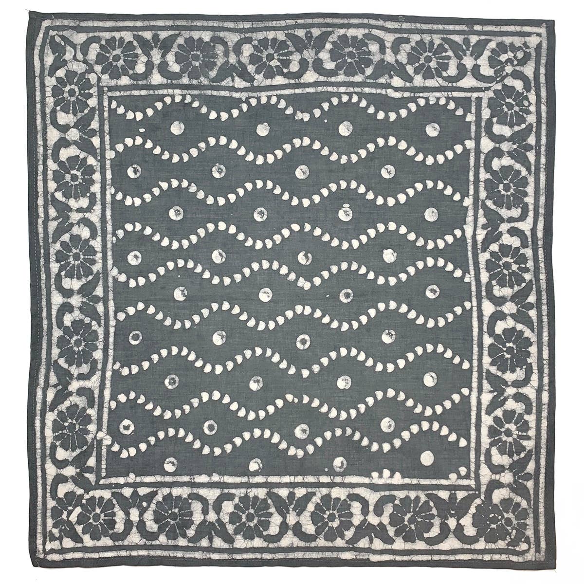 Block Printed Bandana - Blue Wavy Lines Floral Border