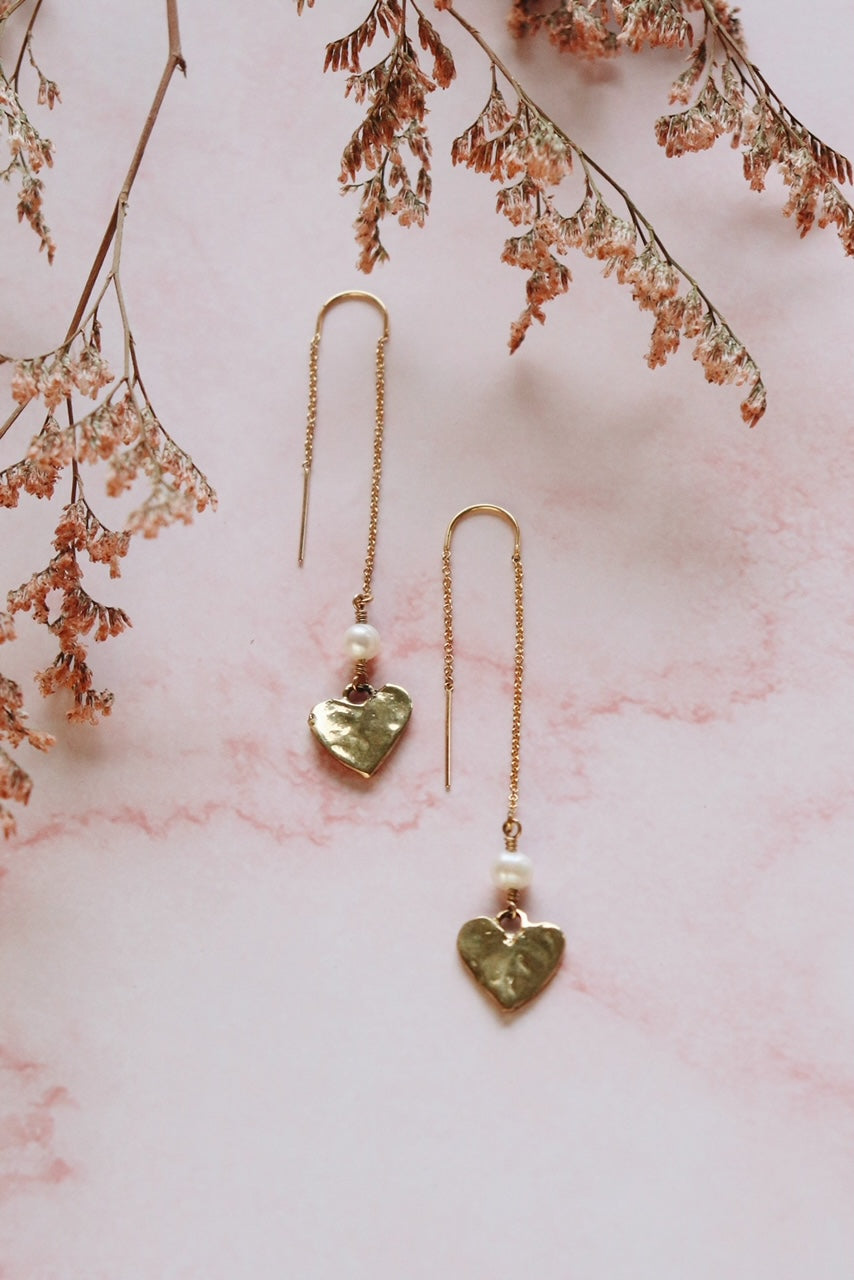 Rhiannon Gold Pearl Heart Threader Earrings