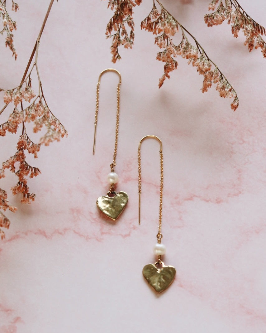Rhiannon Gold Pearl Heart Threader Earrings
