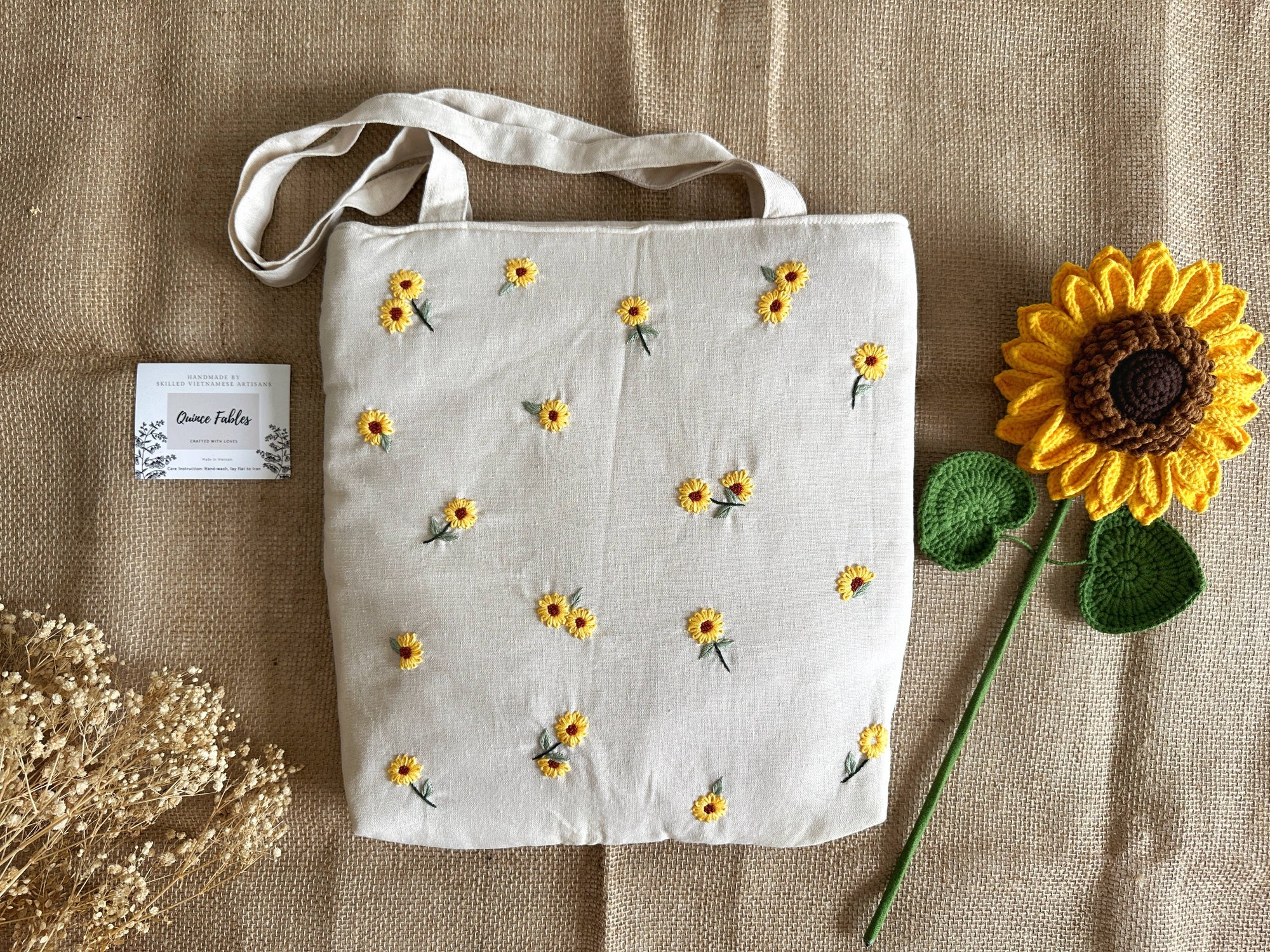 Sunflower Embroidered Beige Linen Bag ✅