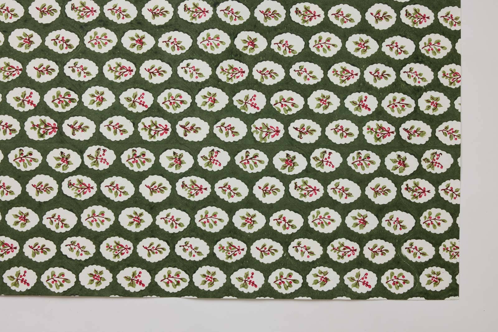 Block Printed Wrapping Paper Sheets - Scallop Tiles Holly Green