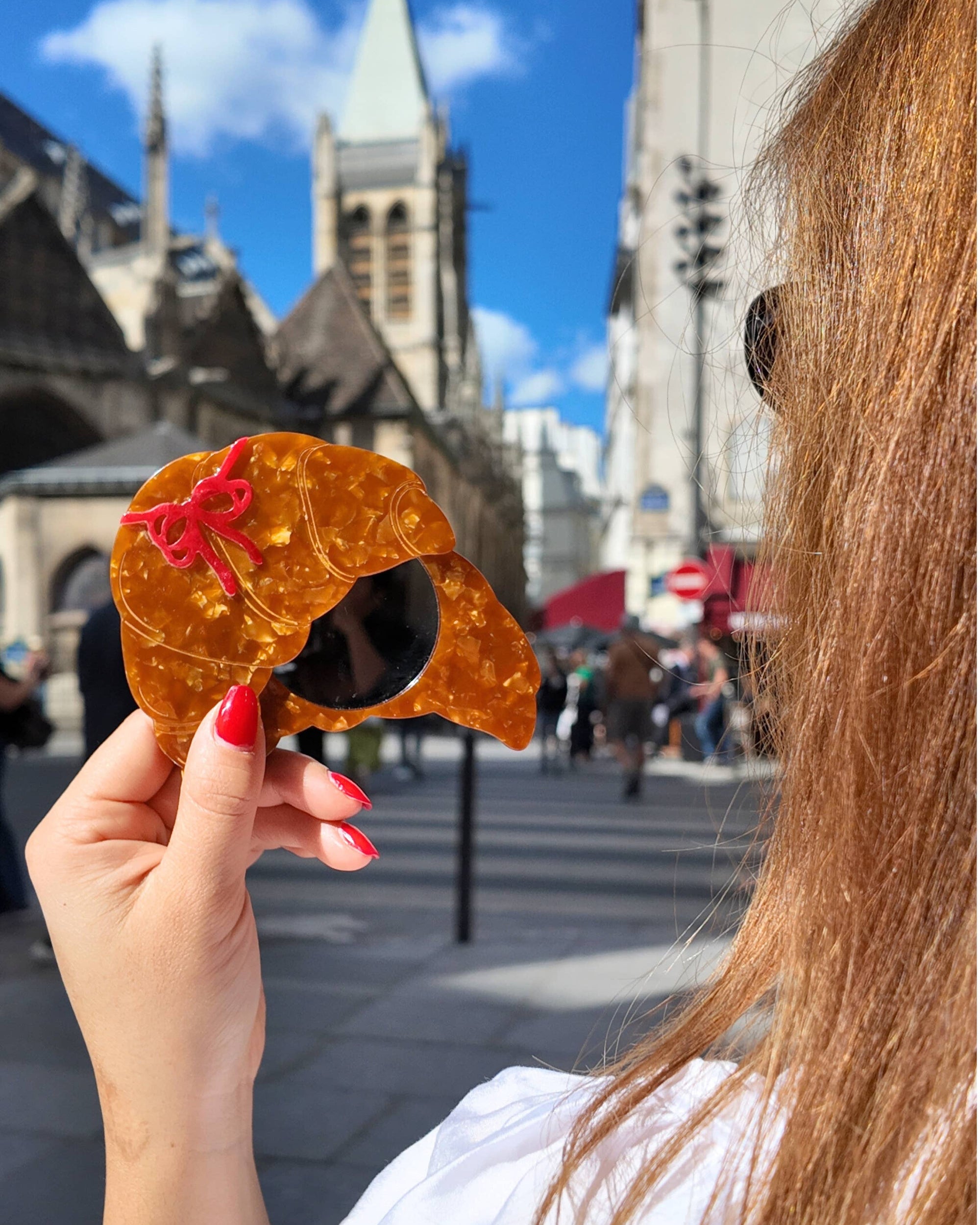 Hand-painted Bow Croissant Compact Mirror