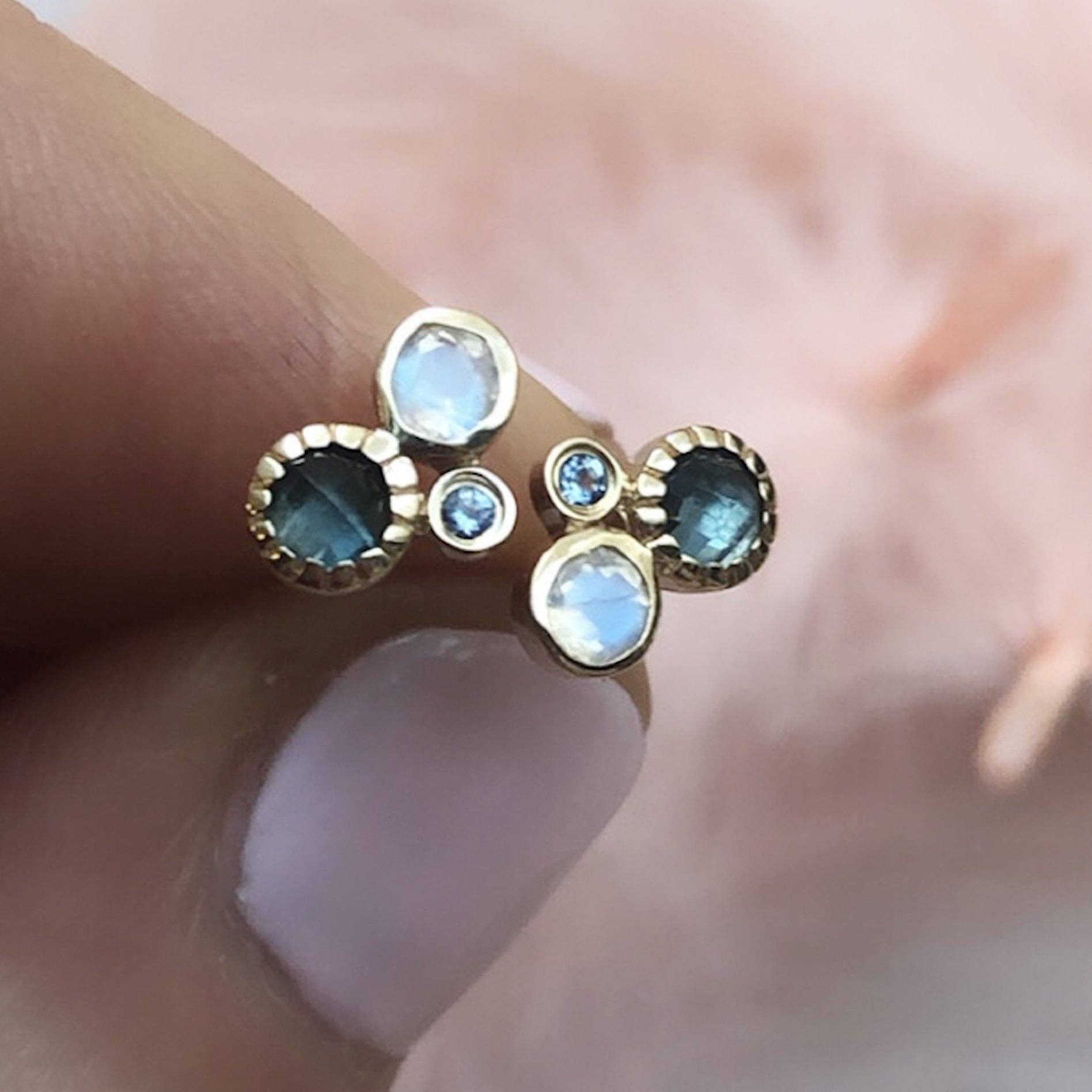 9kt Gold Stud Earrings with Moonstone, Topaz & Aquamarine