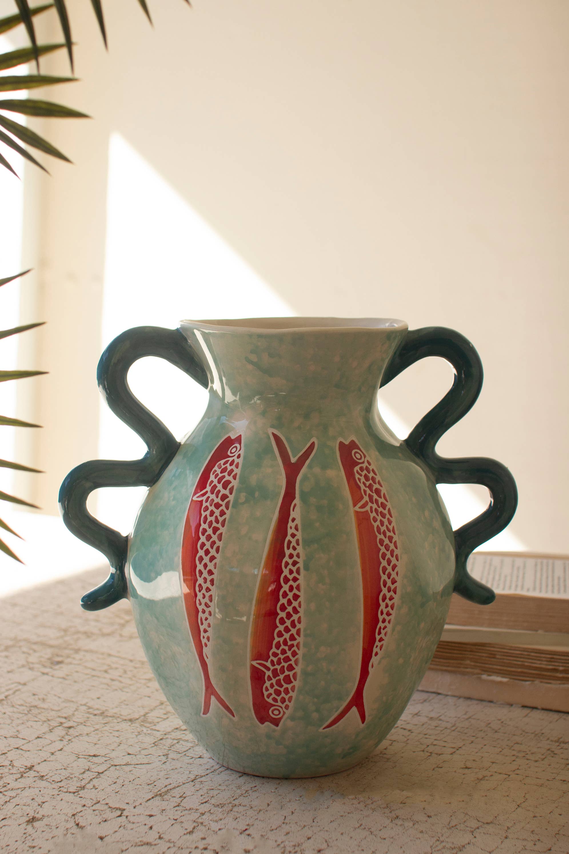 CERAMIC COLORFUL FISH VASE WITH BLUE SQUIGGLE HANDLES