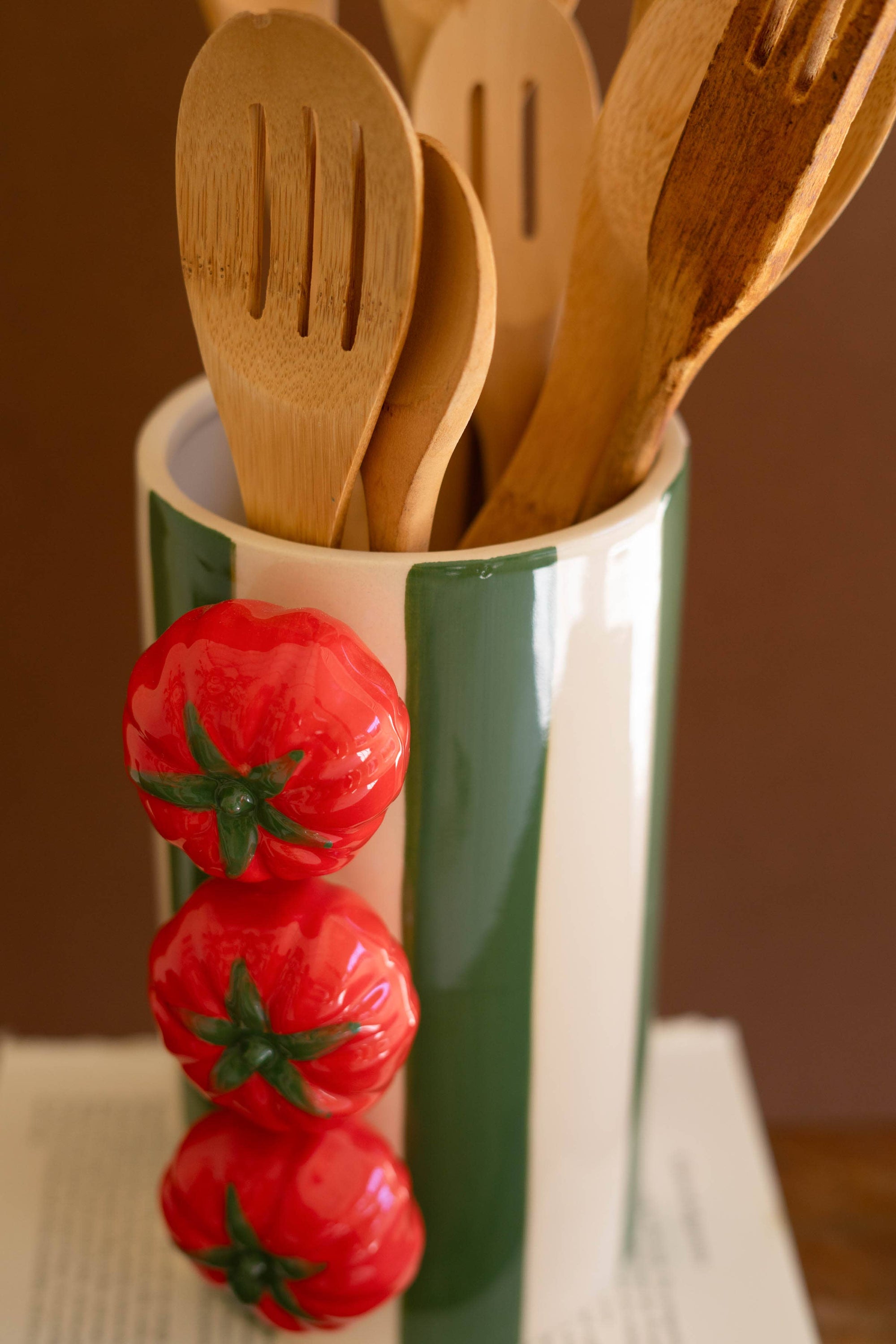 CERAMIC GREEN STRIPED VASES WITH TOMATOES