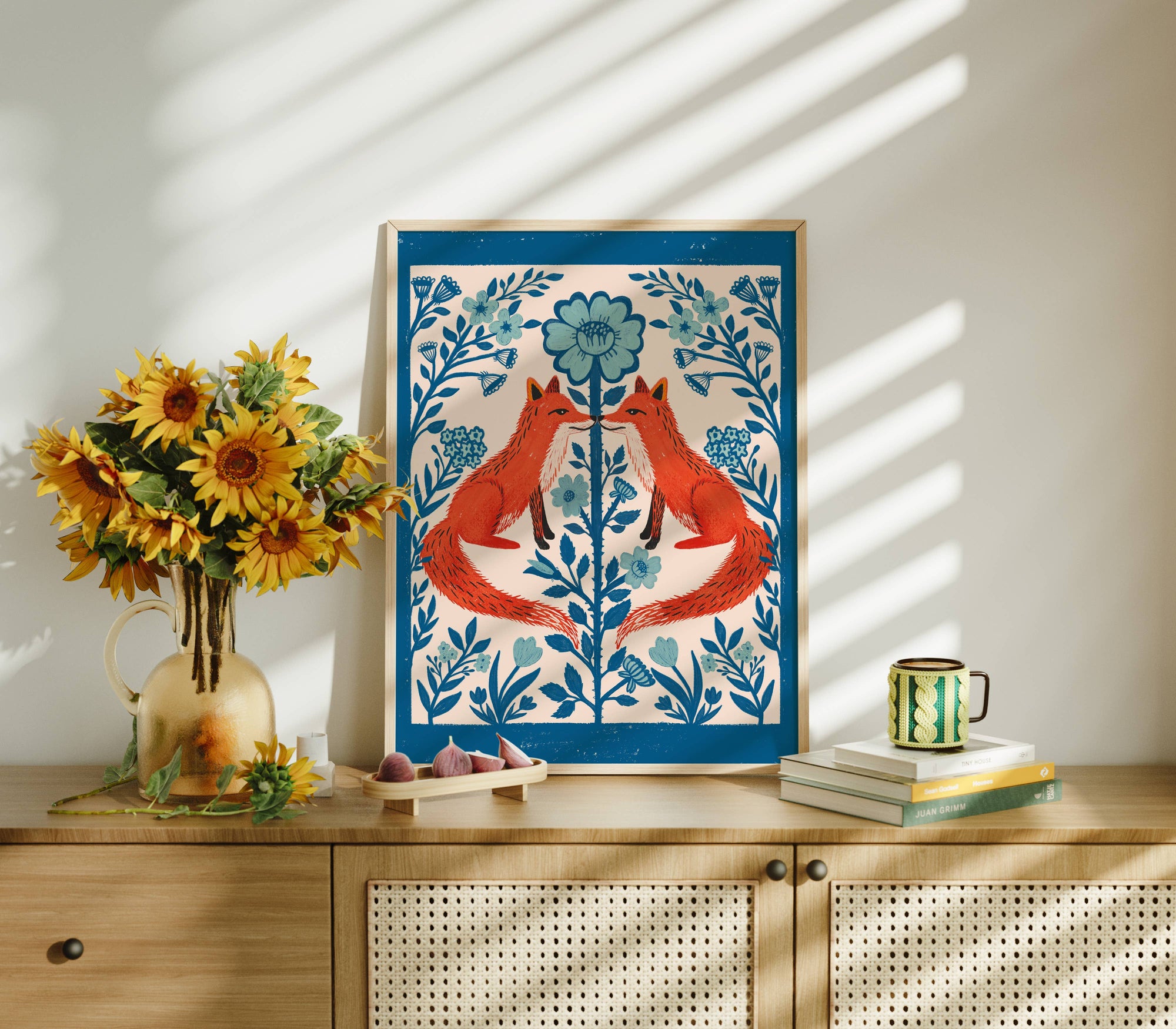 Blue Fox Florals Folk Art Print