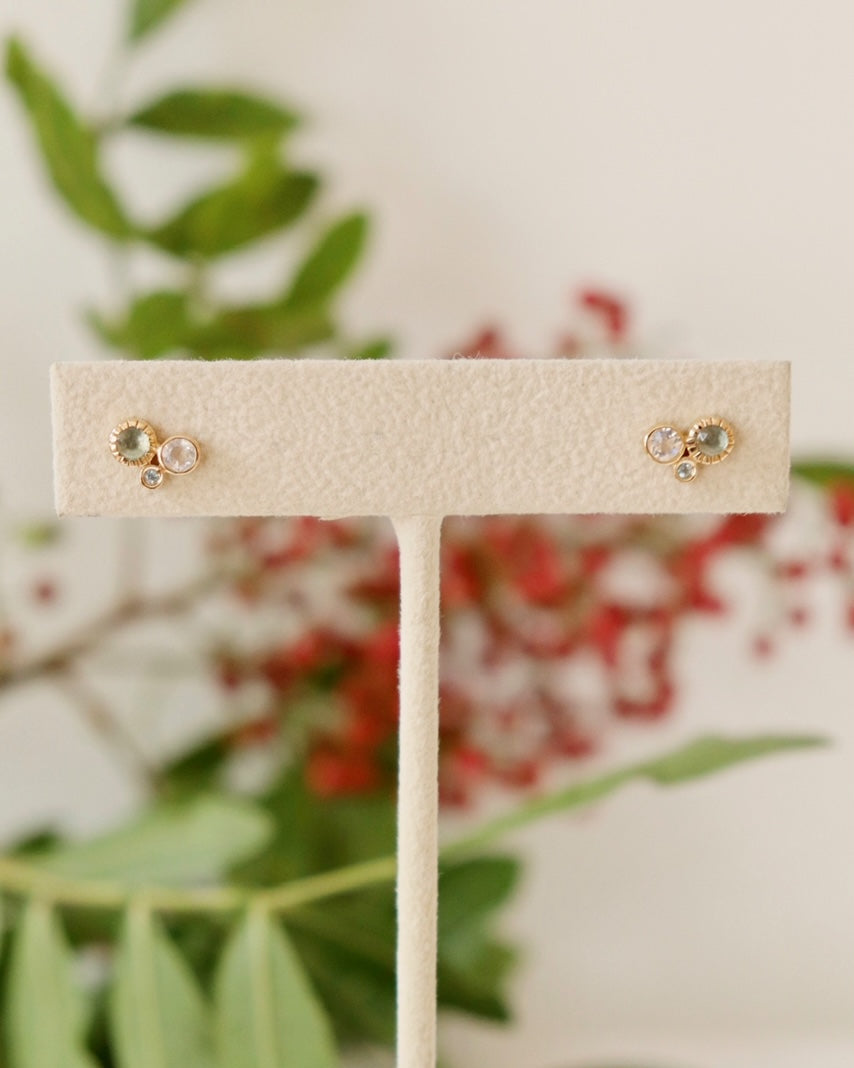 Rainbow Moonstone, London Blue Topaz, & Aquamarine Studs
