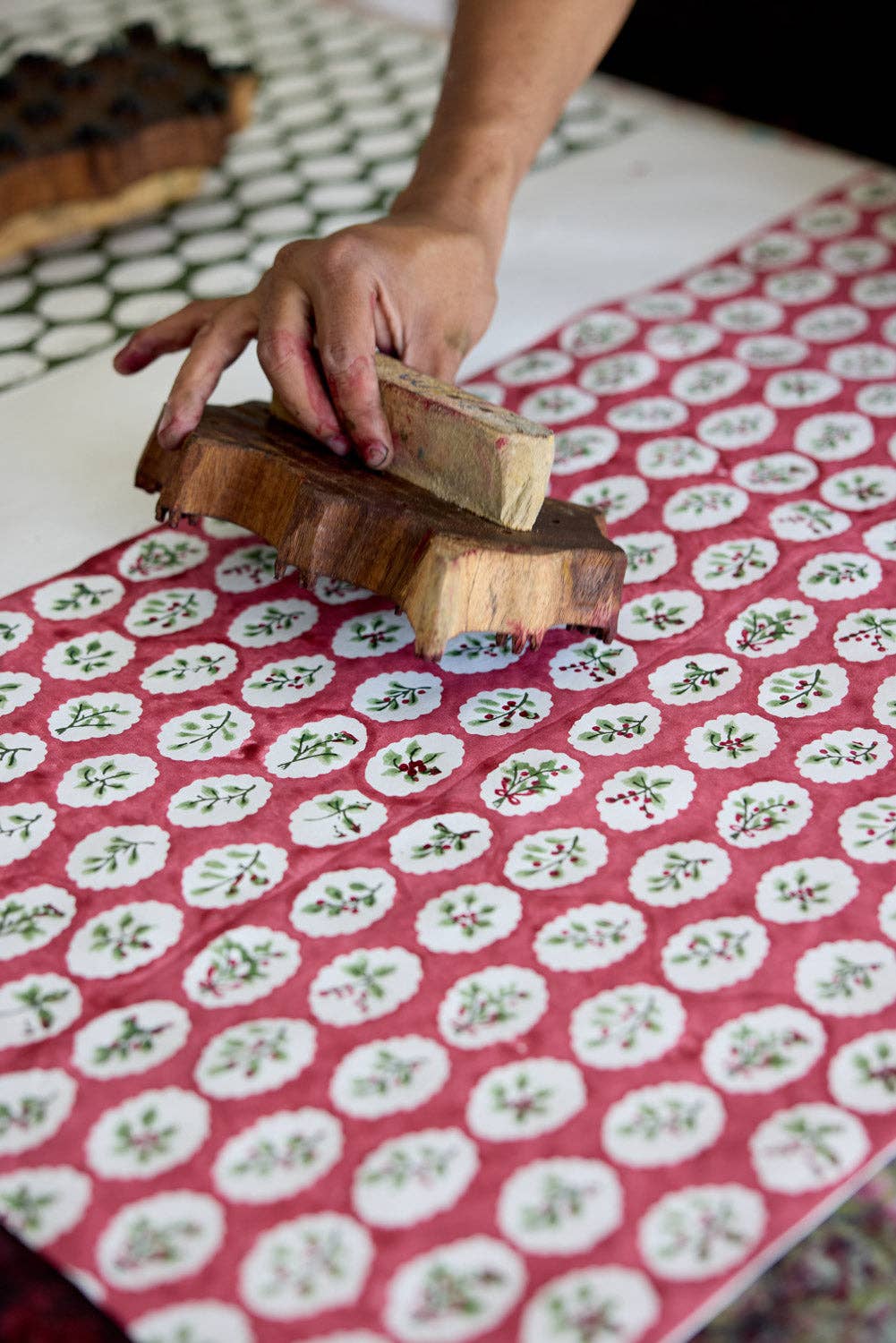 Block Printed Wrapping Paper Sheets - Scallop Tiles Christmas Pudding