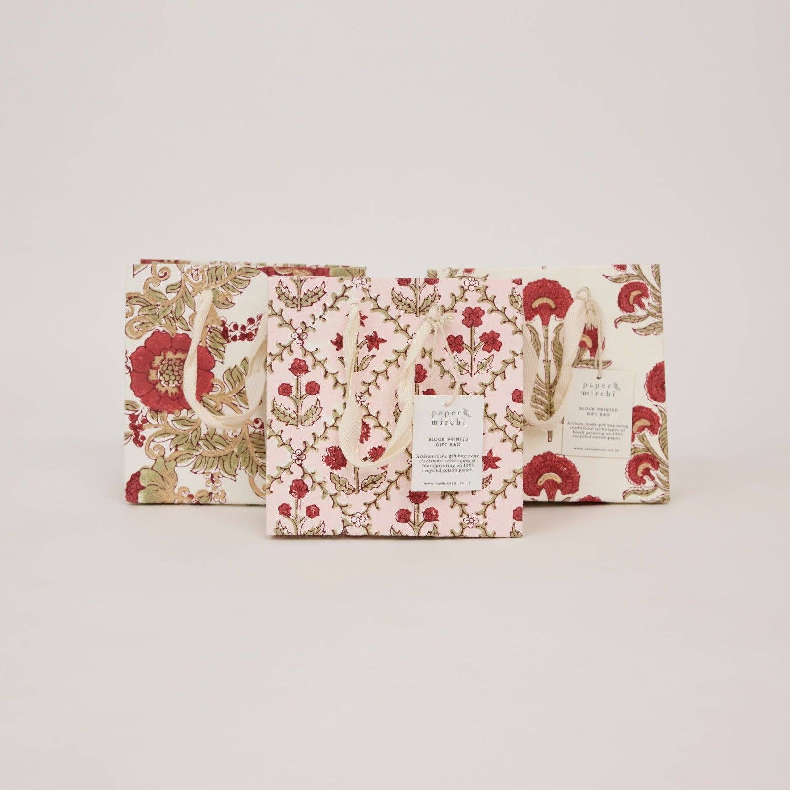 Block Printed Gift Bags (Small) - Winter Red