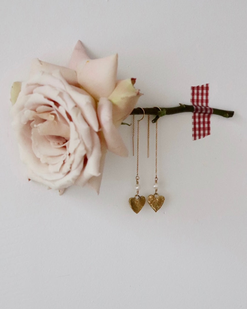 Rhiannon Gold Pearl Heart Threader Earrings