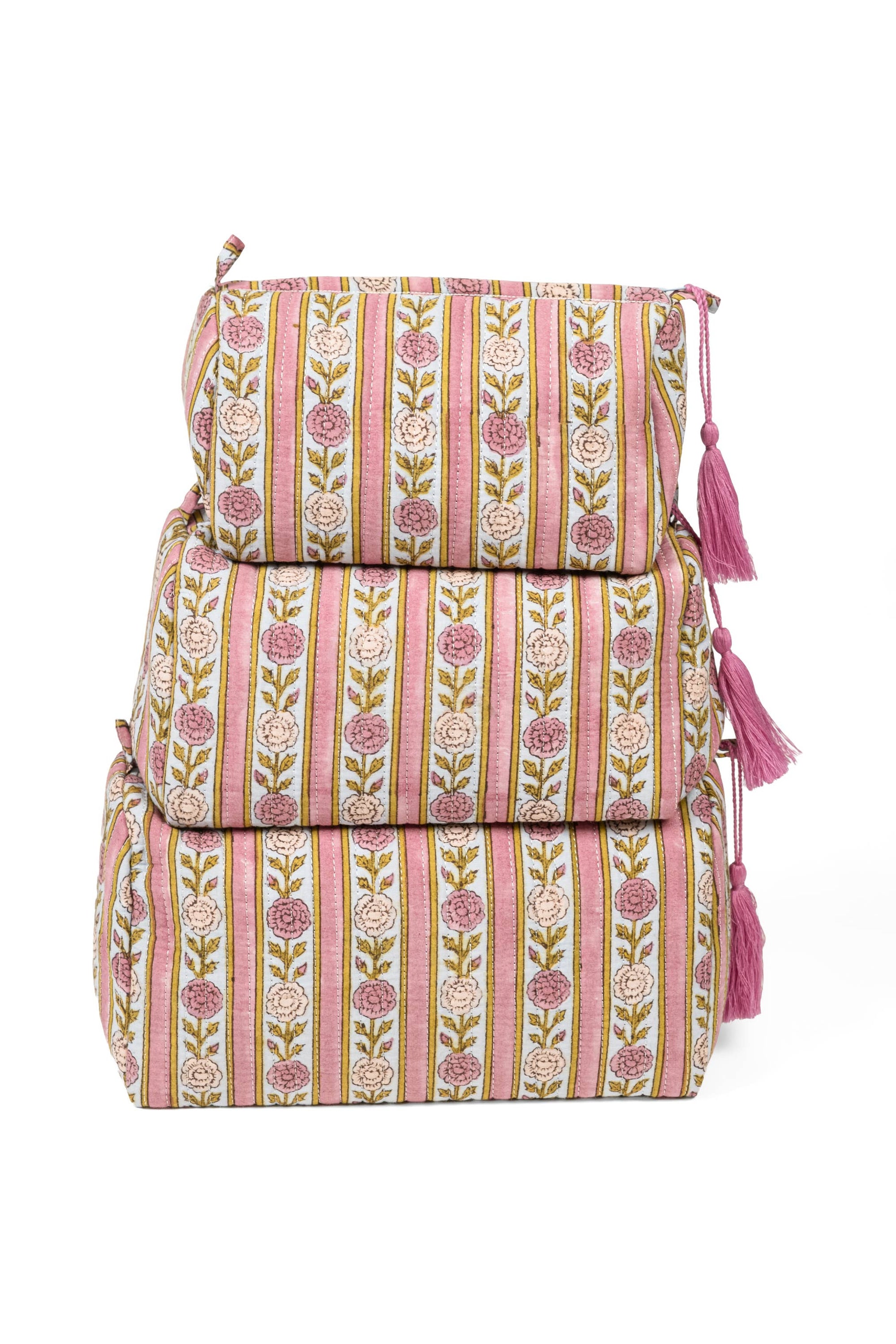 Vintage Floral Stripes Block Print Makeup Bag in Purple