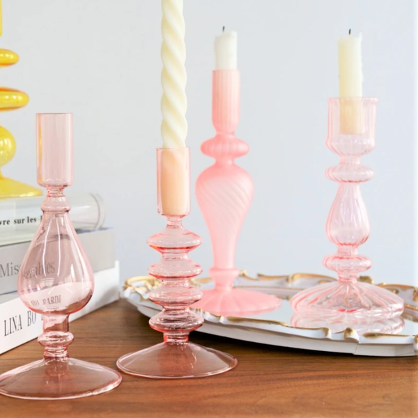 Pink Glass Candlestick Holder