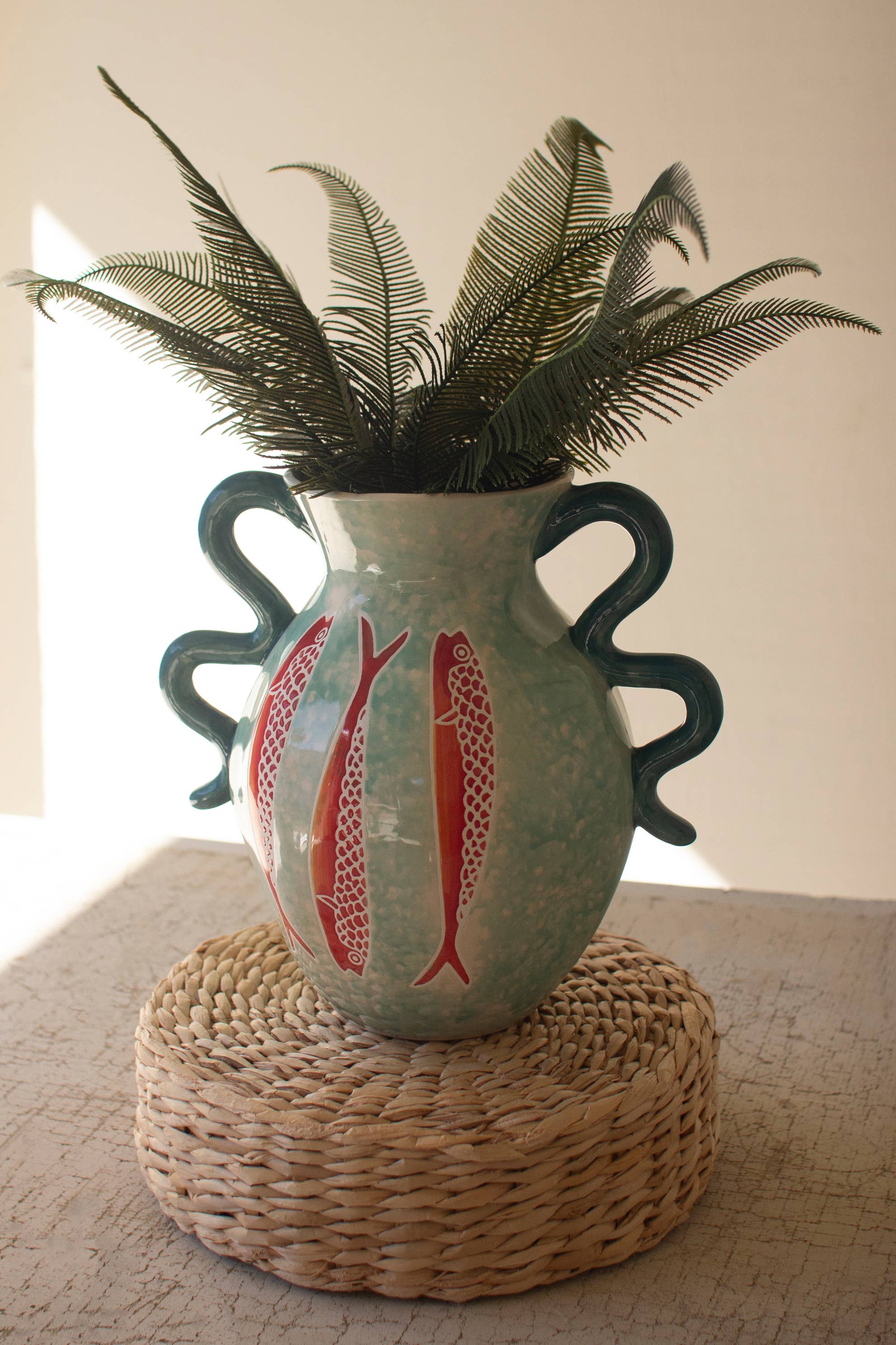 CERAMIC COLORFUL FISH VASE WITH BLUE SQUIGGLE HANDLES