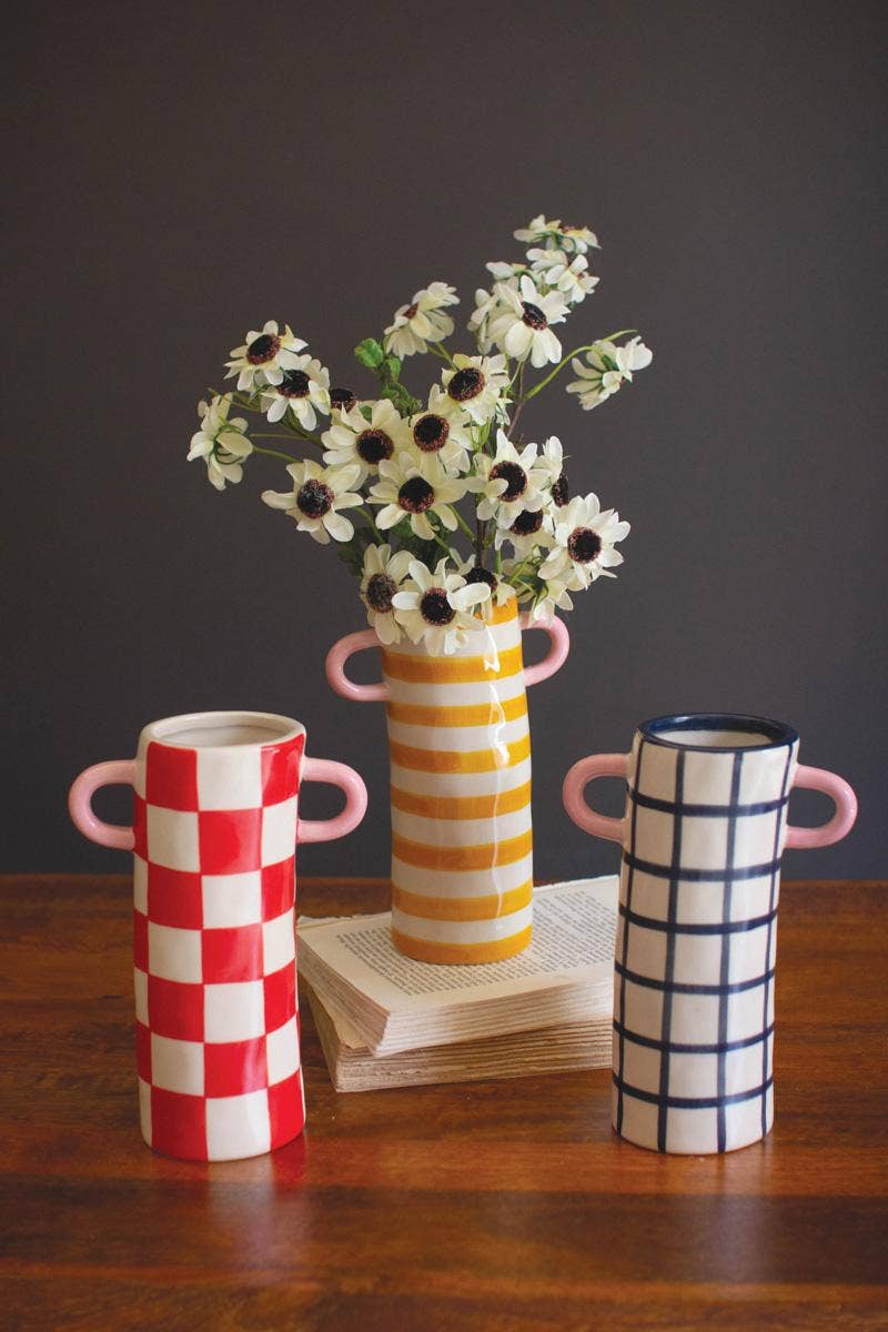 PATTERNED CERAMIC CYLINDER VASES WITH HANDLES