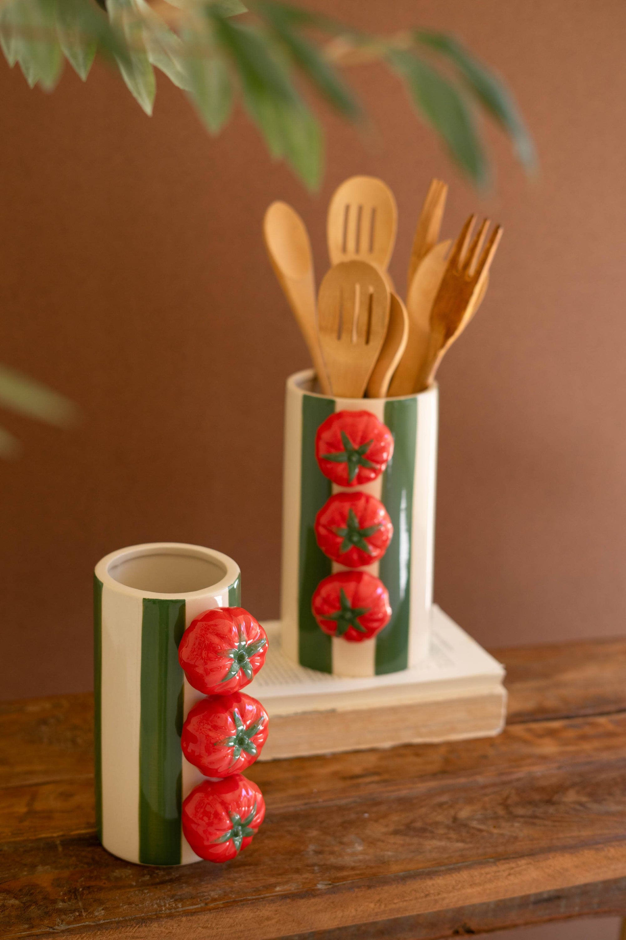CERAMIC GREEN STRIPED VASES WITH TOMATOES