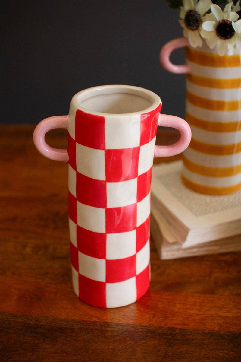 PATTERNED CERAMIC CYLINDER VASES WITH HANDLES