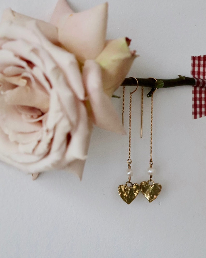 Rhiannon Gold Pearl Heart Threader Earrings