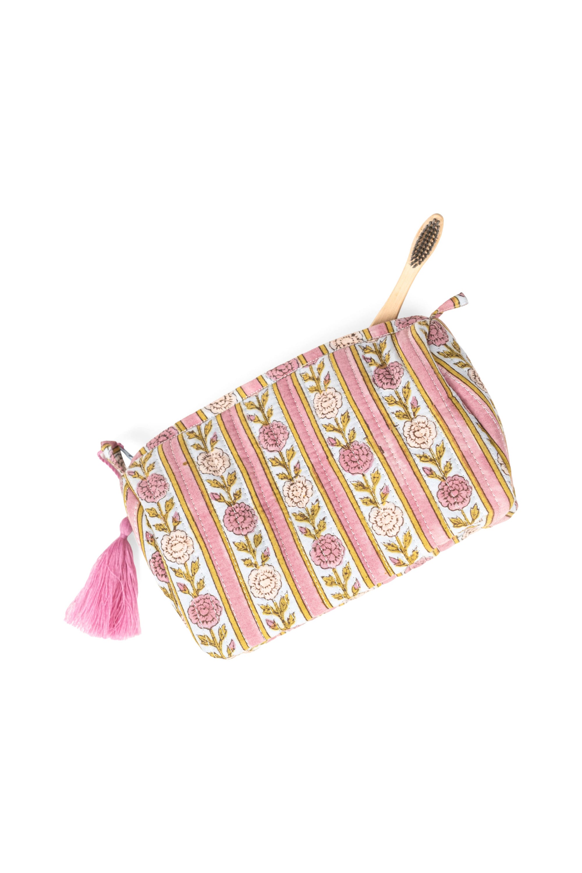 Vintage Floral Stripes Block Print Makeup Bag in Purple