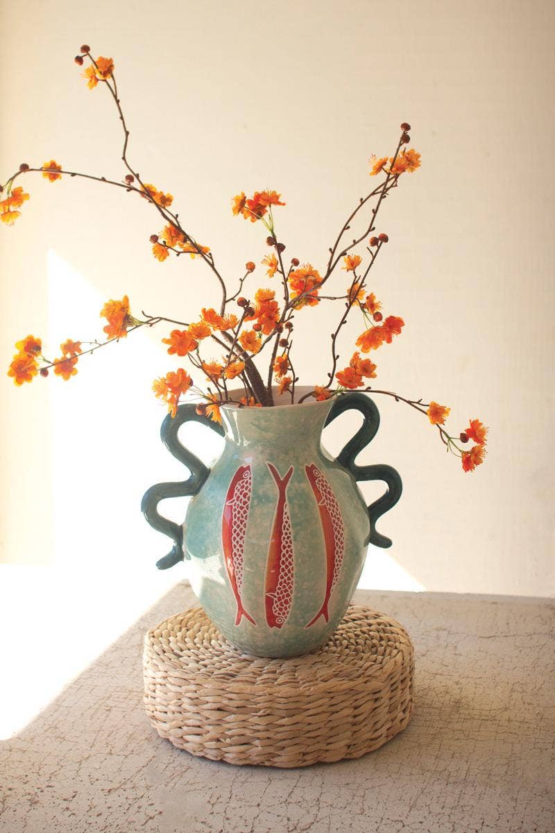 CERAMIC COLORFUL FISH VASE WITH BLUE SQUIGGLE HANDLES