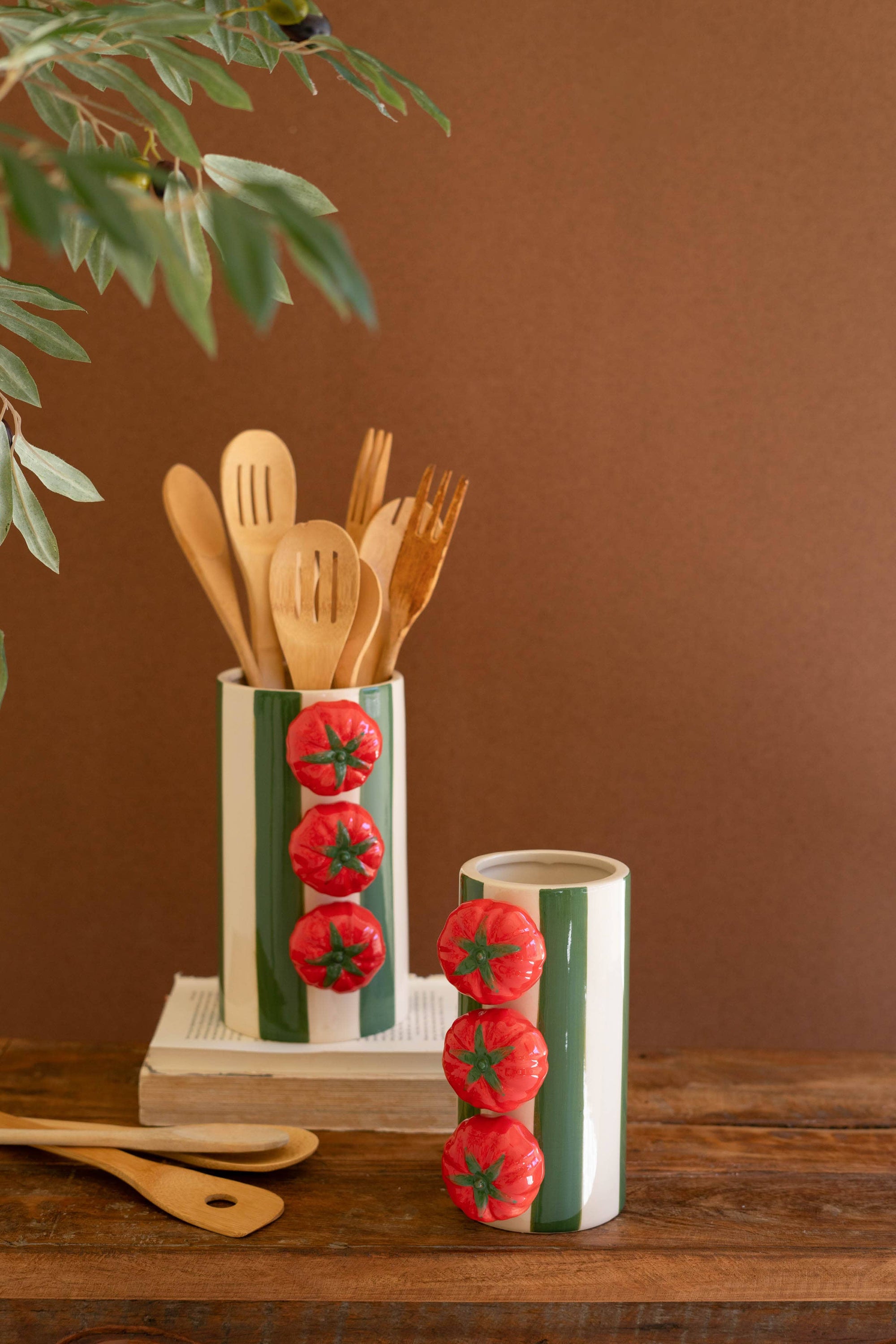 CERAMIC GREEN STRIPED VASES WITH TOMATOES