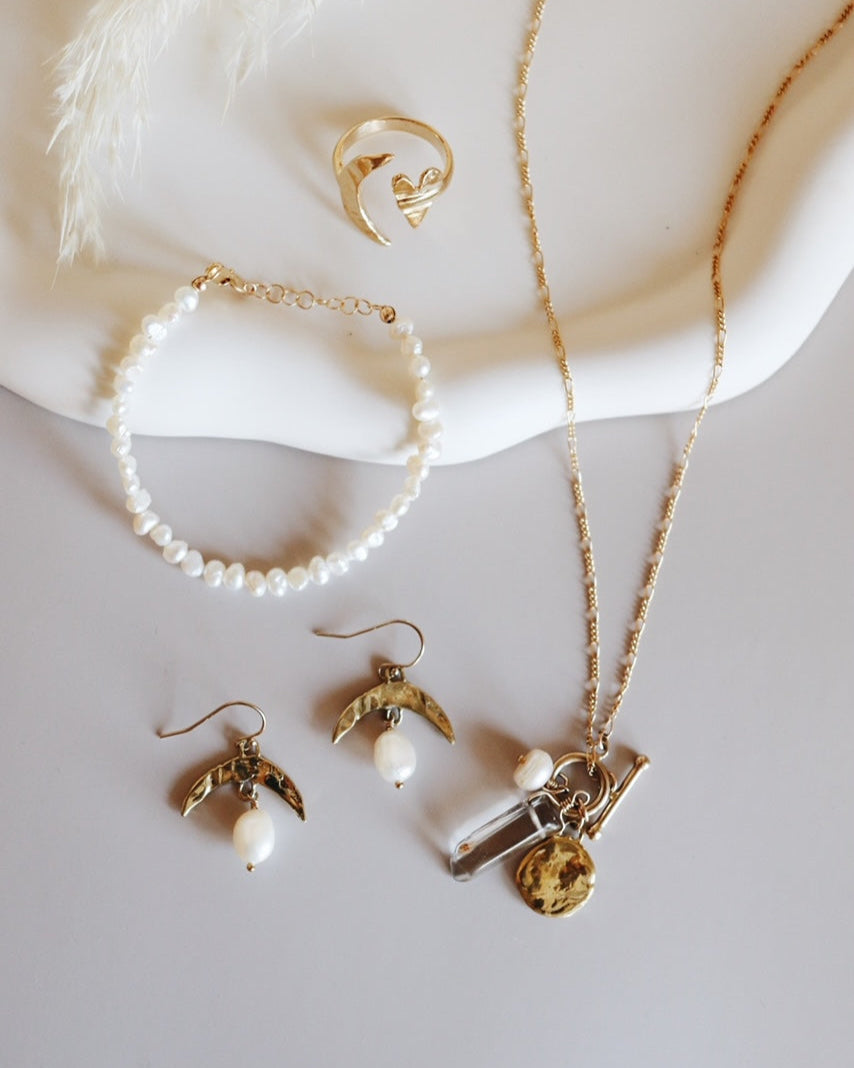 Cressida Gold Pearl Moon Earrings