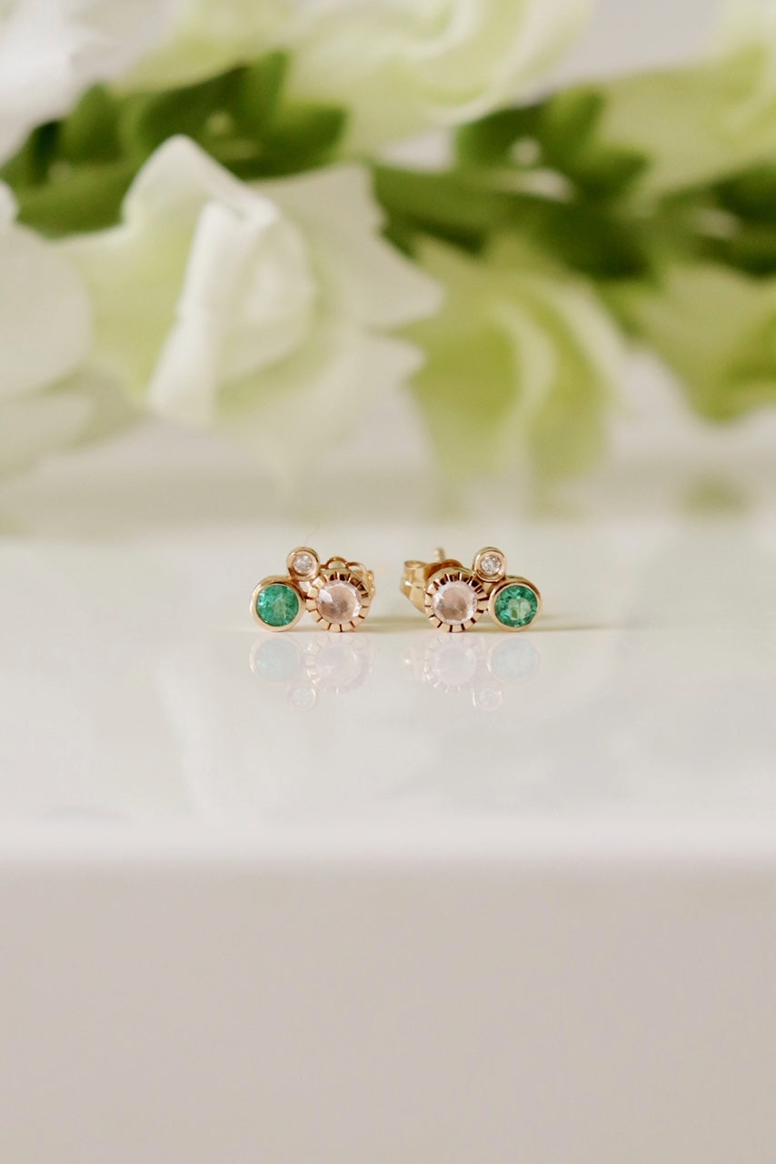 Emerald, Rainbow Moonstone, & Diamond Cluster Studs