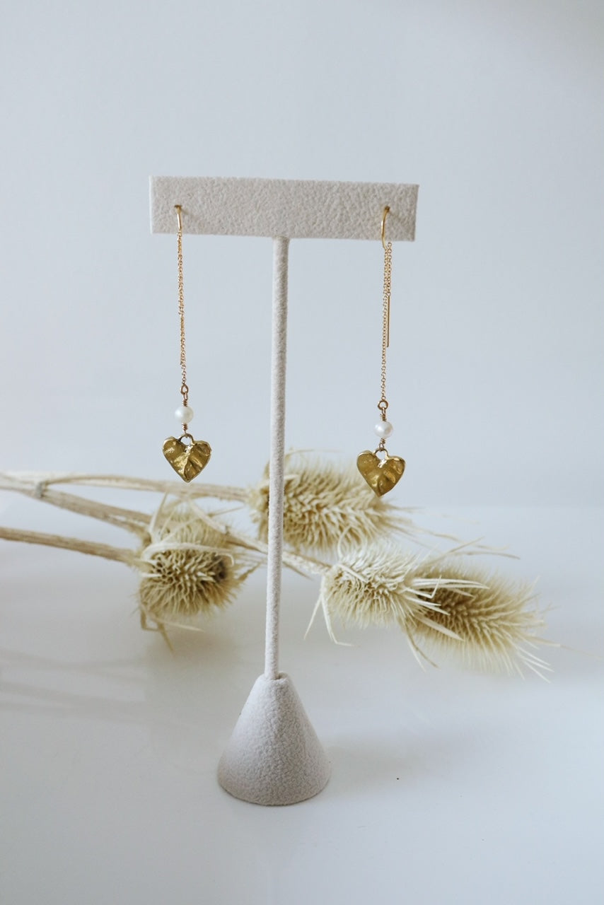 Rhiannon Gold Pearl Heart Threader Earrings