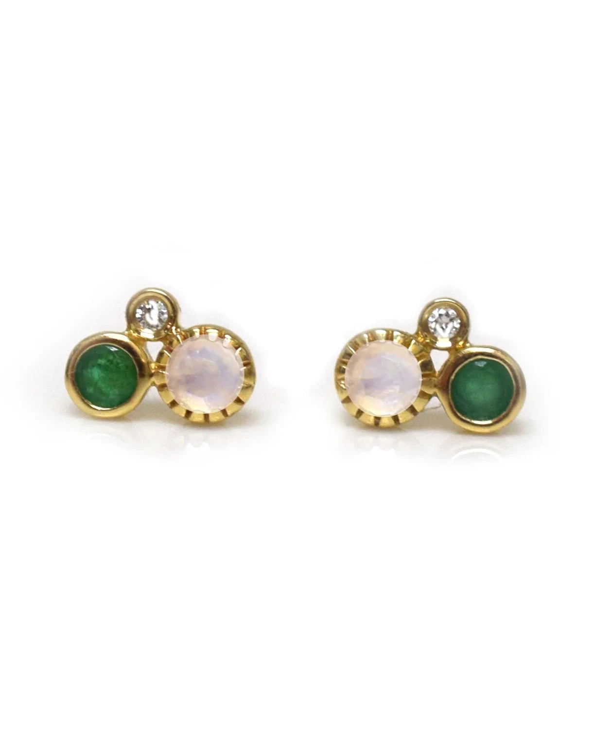 Emerald, Rainbow Moonstone, & Diamond Cluster Stud (single)
