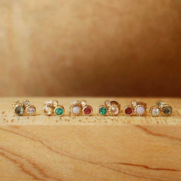 Gold Opal, Diamond and Pink Tourmaline Cluster Studs