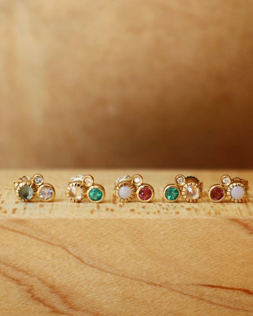 Rainbow Moonstone, London Blue Topaz, & Aquamarine Studs