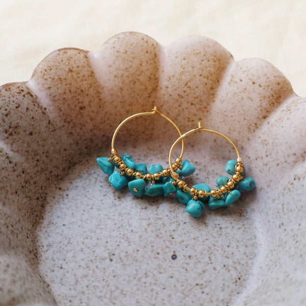 Turquoise & Gold Heishi Hoops