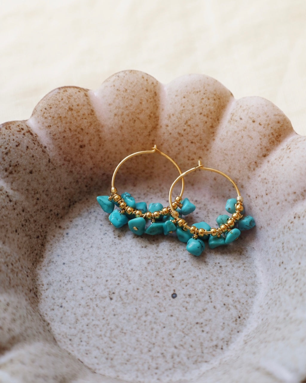 Turquoise & Gold Heishi Hoops