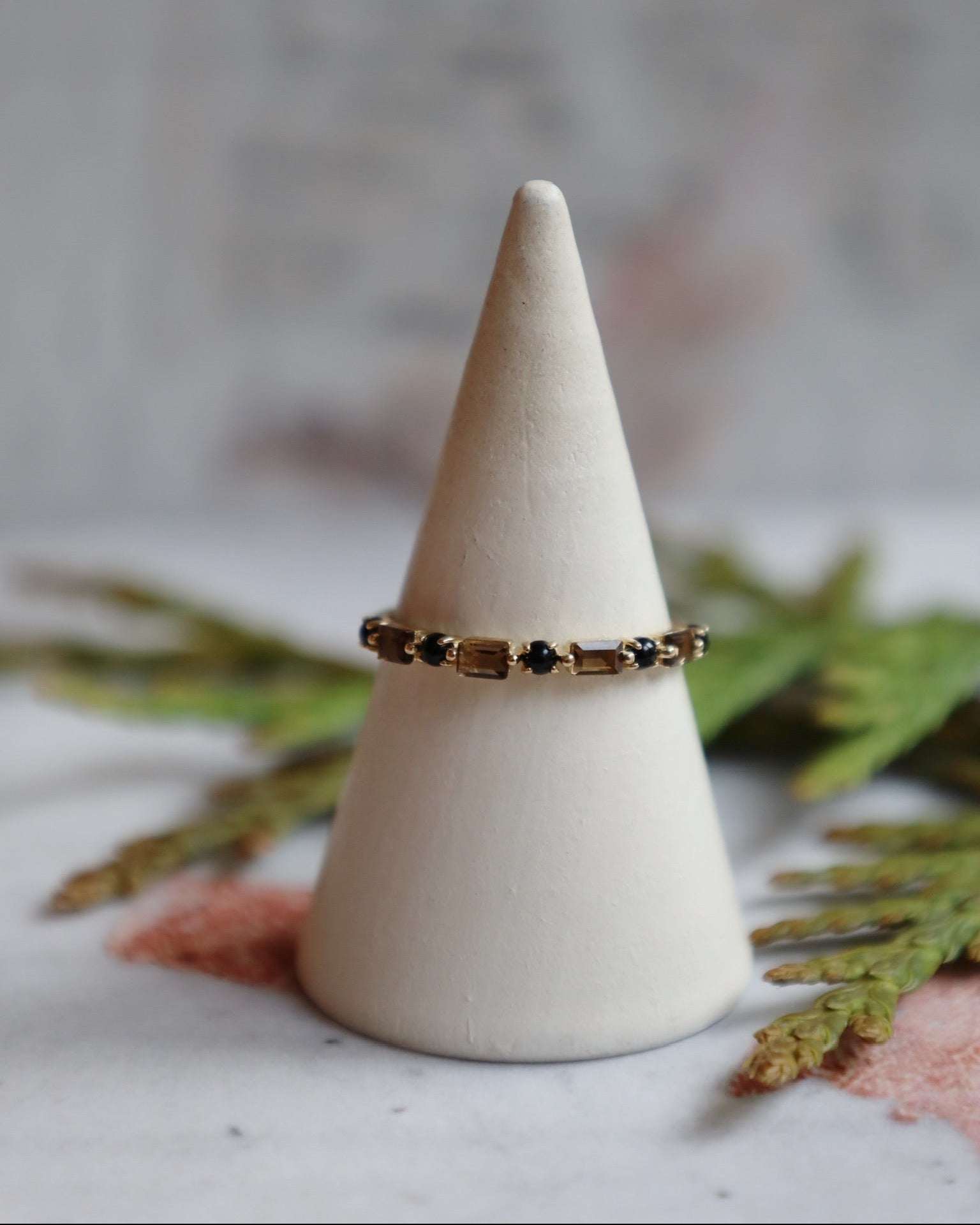 Smoky Quartz & Black Agate Bridge Ring