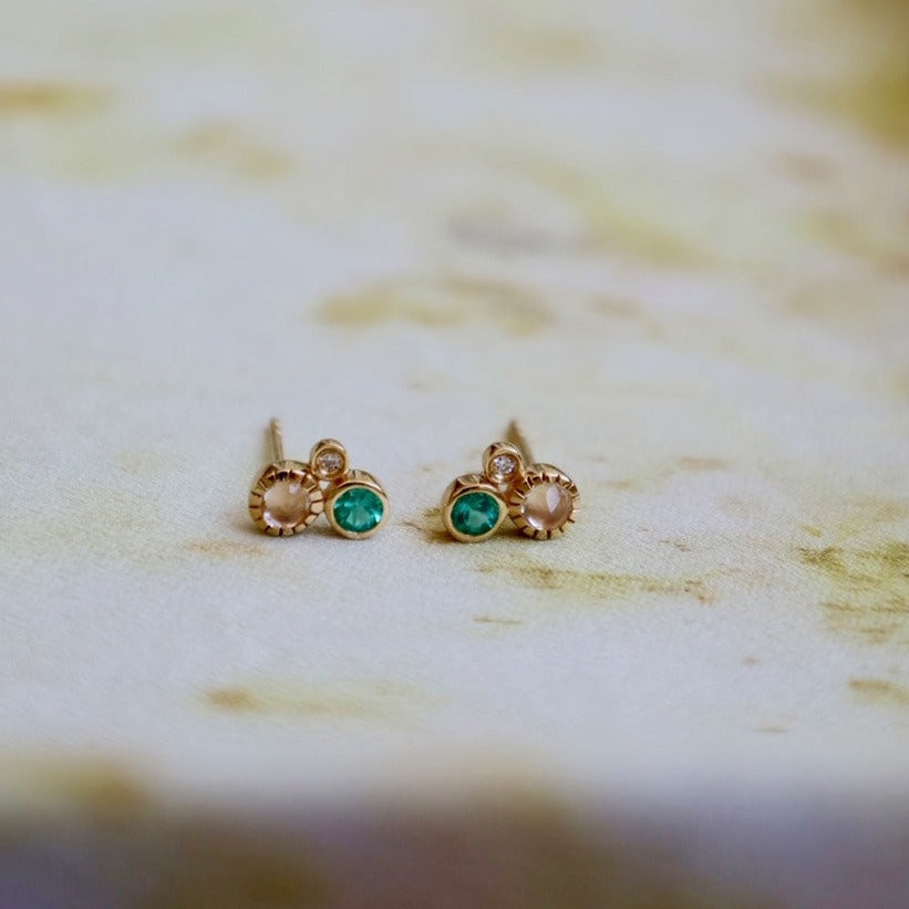 Emerald, Rainbow Moonstone, & Diamond Cluster Studs