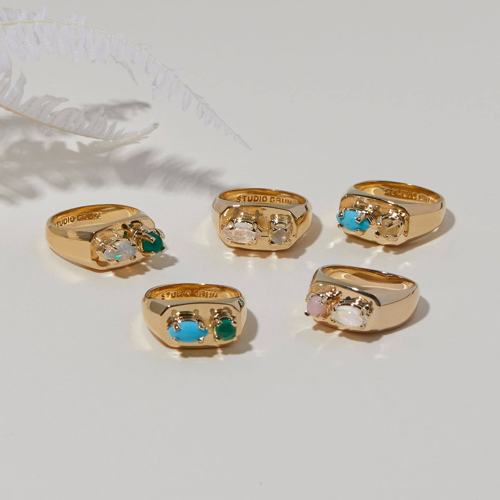 Chunky Signet in Green Onyx and Opal/Gold