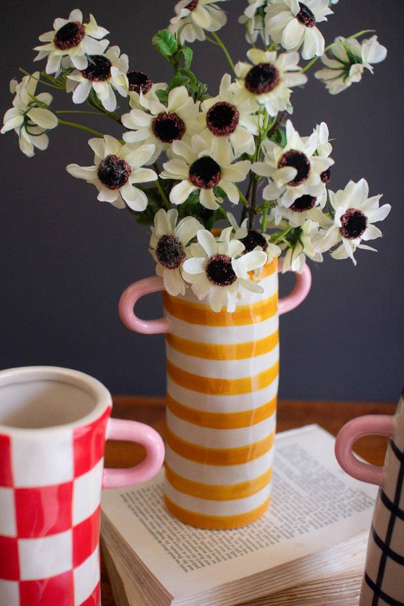PATTERNED CERAMIC CYLINDER VASES WITH HANDLES