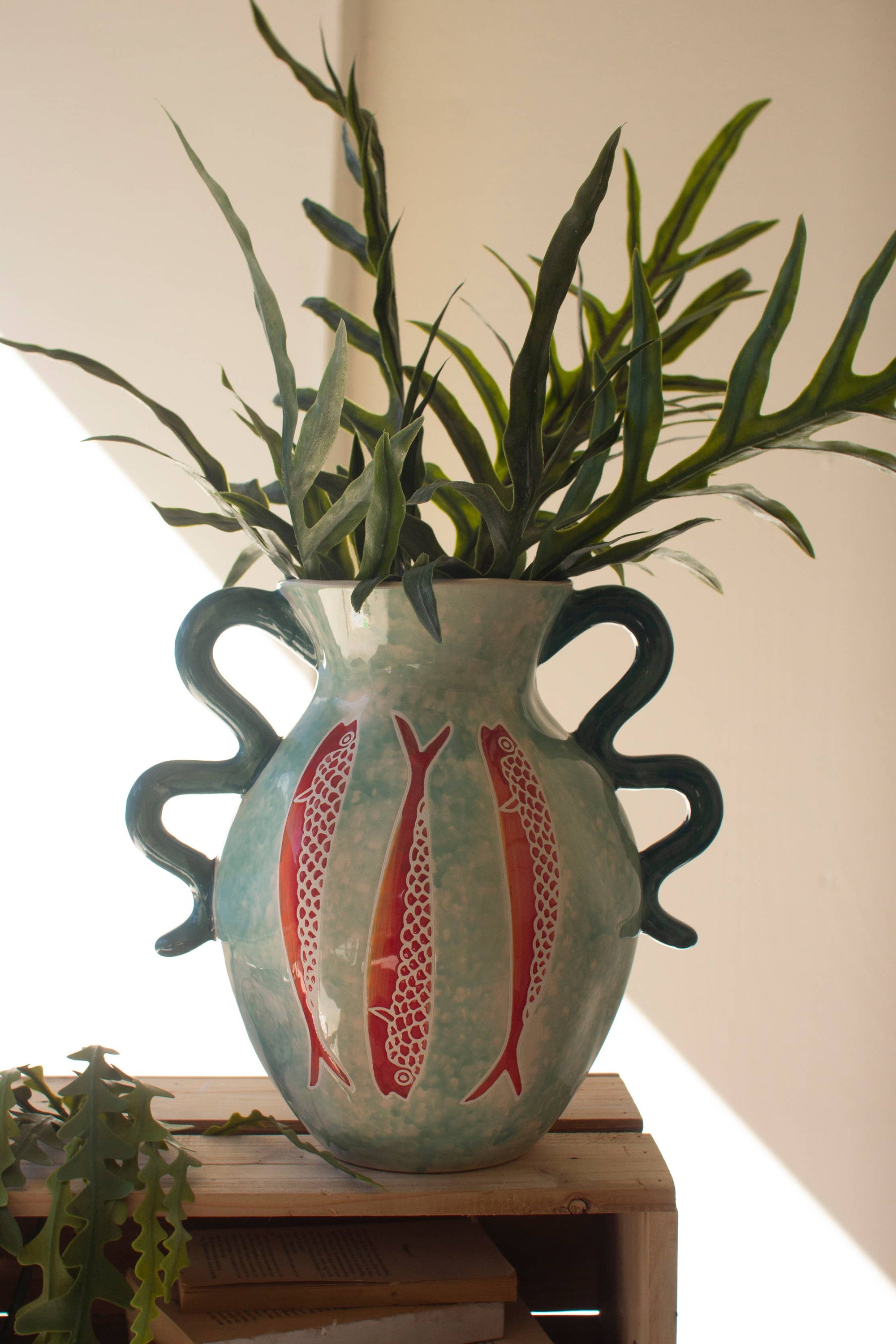 CERAMIC COLORFUL FISH VASE WITH BLUE SQUIGGLE HANDLES
