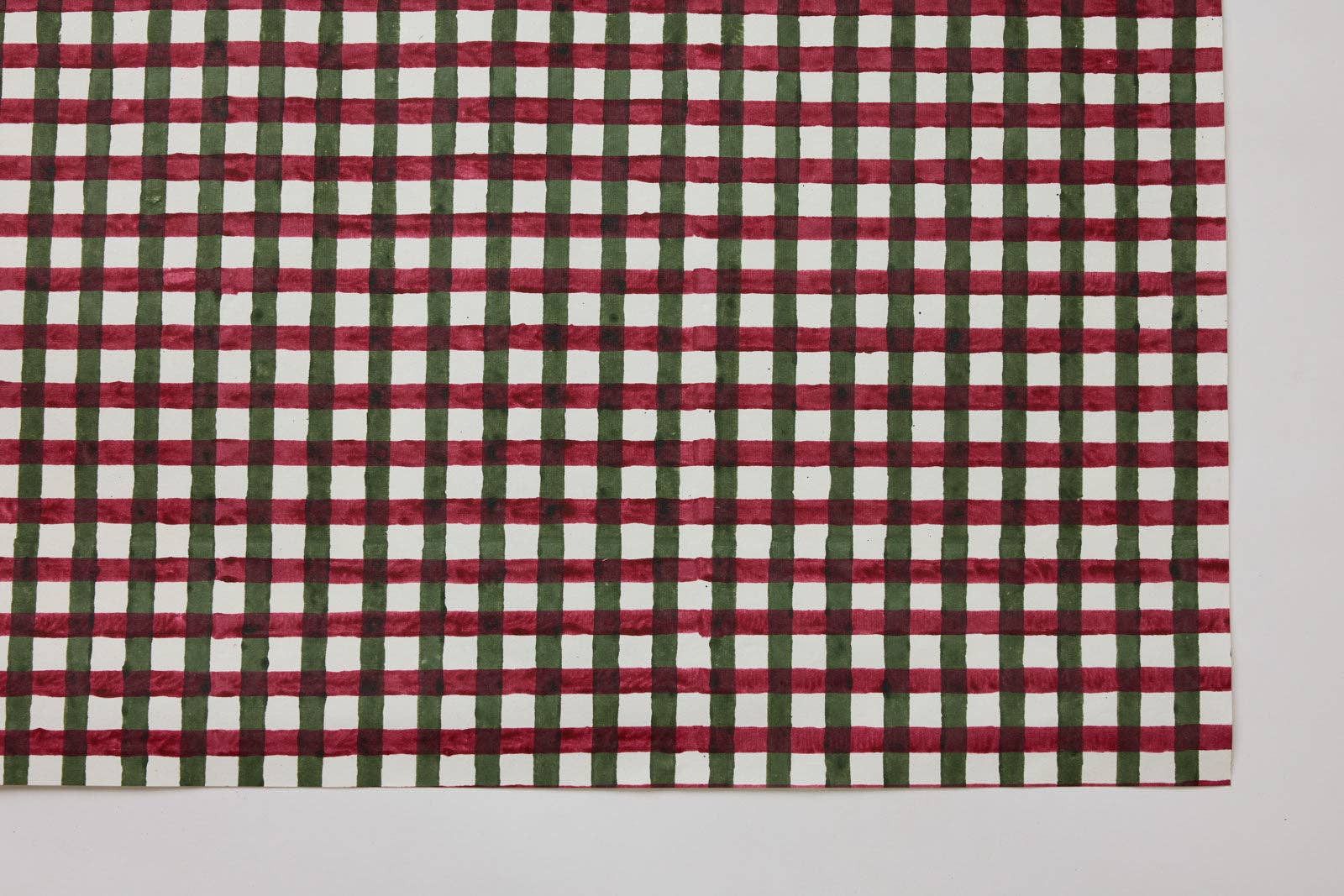 Block Printed Wrapping Paper Sheets - Gingham Holly Green