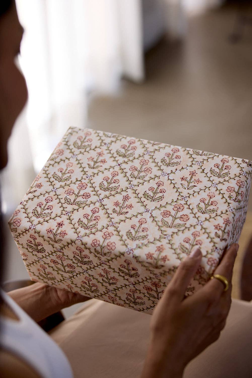 Block Printed Wrapping Paper Sheets - BP Floral Lattice Terracotta
