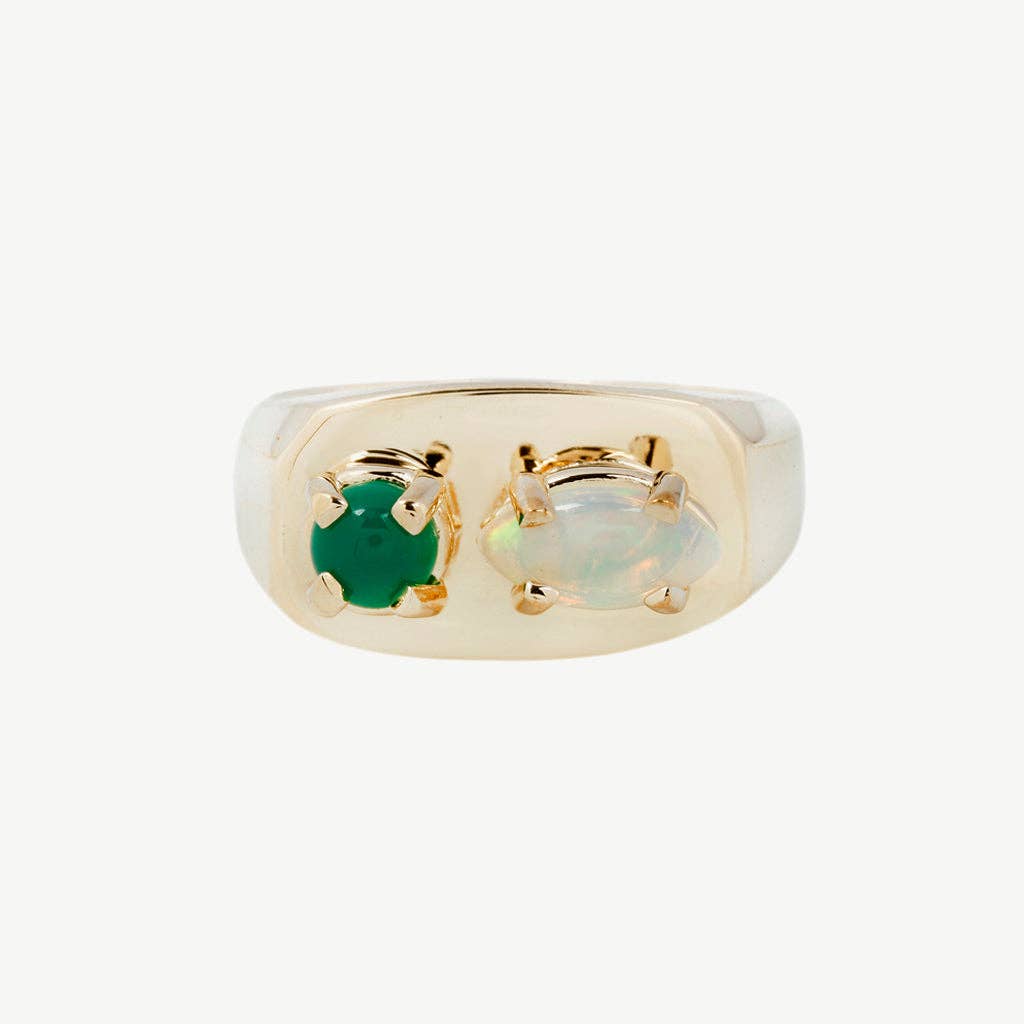 Chunky Signet in Green Onyx and Opal/Gold