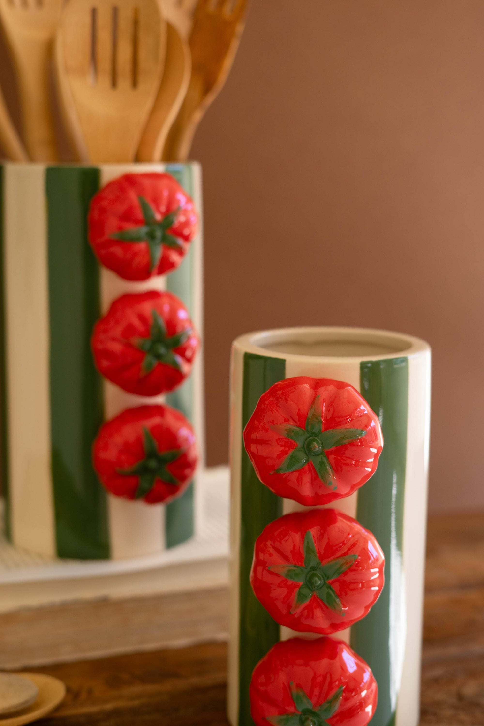 CERAMIC GREEN STRIPED VASES WITH TOMATOES